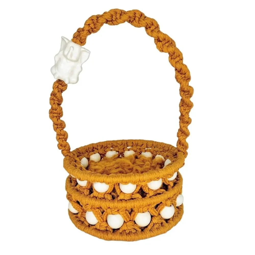 VTG 60s 70s MCM Gold Macrame Porcelain Elephant & Wood Beads Easter Basket 14